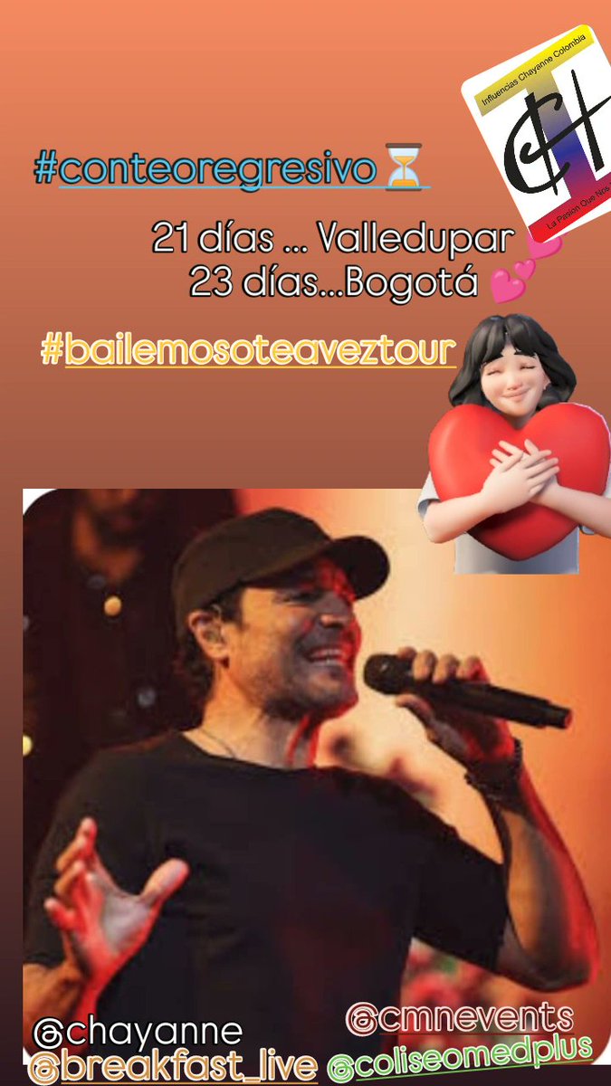 FCCHAYCOLOMBIA's tweet photo. 21 Días... Valledupar 💕
23 Días ...Bogotá 💕
.
.
#ConteoRegresivo⏳
.
.
#BailemosOtraVezTour
@CHAYANNEMUSIC
@SonyMusicLatin https://t.co/D6yFuD0NX2