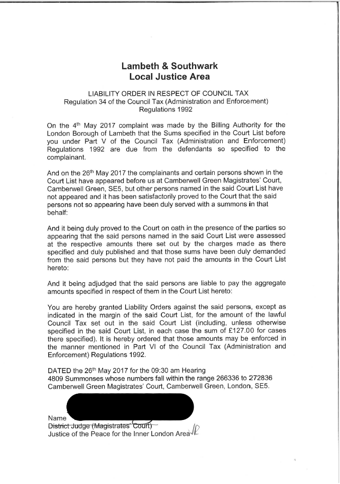 Andrewlboyd's tweet photo. Transparency &amp; Accountability (2): My Experience with Lambeth Council

Here are redacted copies of the liability orders Lambeth says justify a council tax debt from 6+ years ago.
They contain: no names, no addresses, no amounts

#LambethCouncil https://t.co/46pPtwk1dU