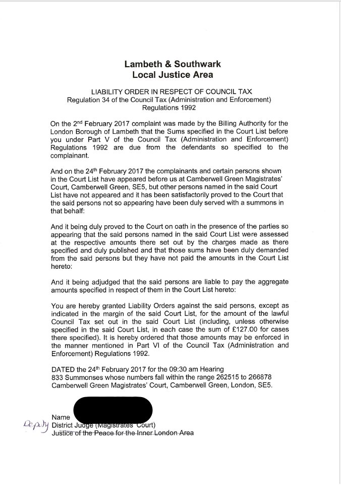 Andrewlboyd's tweet photo. Transparency &amp; Accountability (2): My Experience with Lambeth Council

Here are redacted copies of the liability orders Lambeth says justify a council tax debt from 6+ years ago.
They contain: no names, no addresses, no amounts

#LambethCouncil https://t.co/46pPtwk1dU