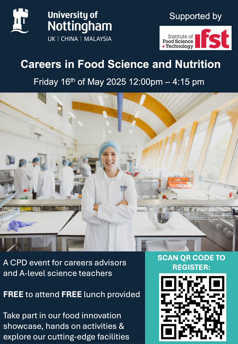 Join the <a href="/ifstnews/">IFST</a> to explore Careers in Food Science and Nutrition – a #CPD event!
 📅16 May 2025, 12:00 pm – 4:15 pm
 📍University of Nottingham

To register your interest, please follow this link: lnkd.in/eYtt2dh5

#IFST #FoodScience

What to expect:
✅ Learn about a
