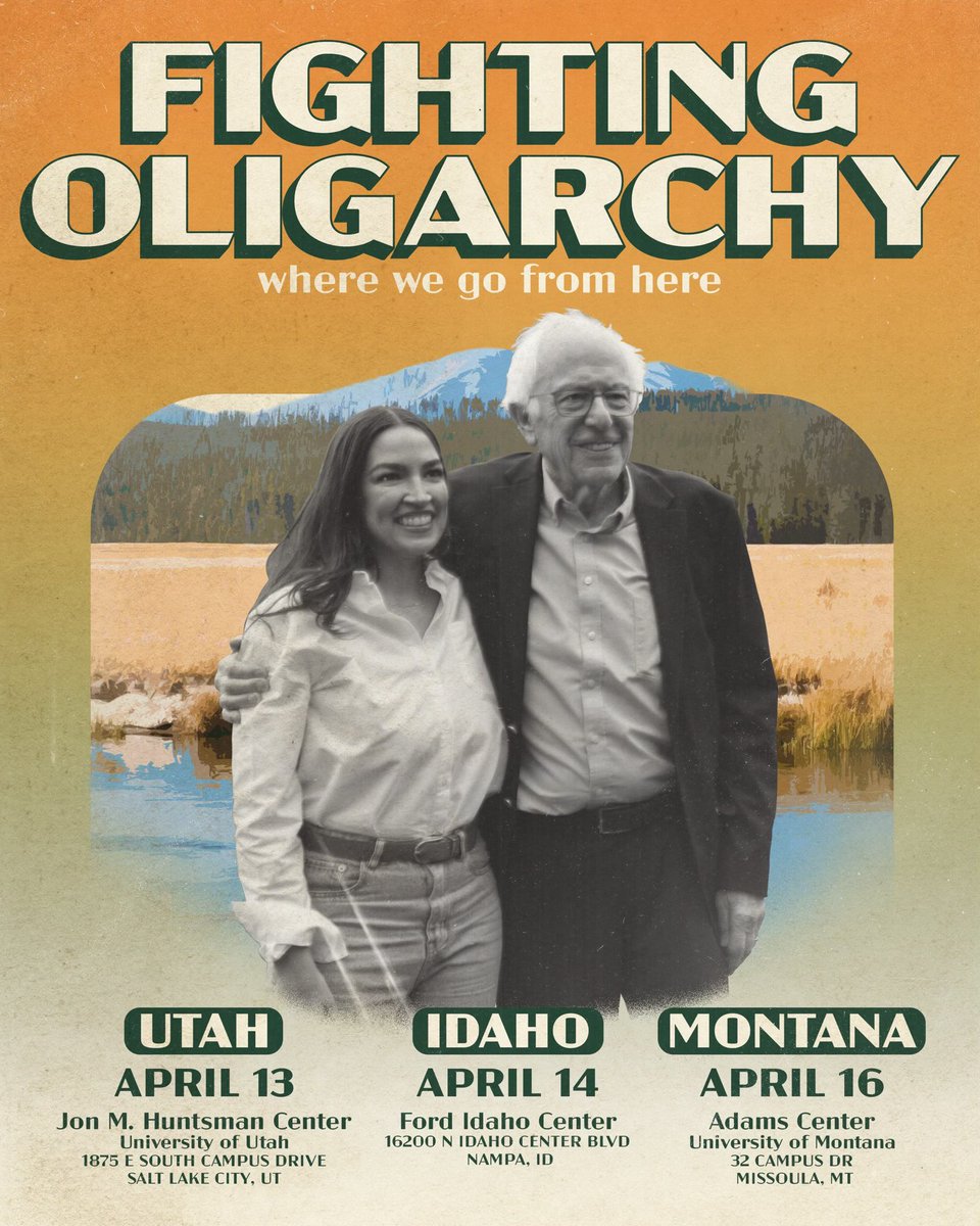 Bernie Sanders (@berniesanders) on Twitter photo Are you willing to fight for someone you don't know?
That's how we build a nation based on justice, dignity & human rights for all.
<a href="/AOC/">Alexandria Ocasio-Cortez</a> and I will be in Utah, Idaho, and Montana over the next week to rally around exactly that.
I hope you'll join us:
berniesanders.com/oligarchy/ Are you willing to fight for someone you don't know?
That's how we build a nation based on justice, dignity & human rights for all.
<a href="/AOC/">Alexandria Ocasio-Cortez</a> and I will be in Utah, Idaho, and Montana over the next week to rally around exactly that.
I hope you'll join us:
berniesanders.com/oligarchy/