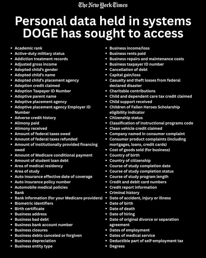 MediaBusters6's tweet photo. Bravo & thx @SenGillibrand
We must #StopDOGE
Here is the personal date held in US Systems DOGE is trying to access
You OK with these little tech weenies having access to your most personal data?
There are ILLEGAL & no one elected Asshole Musk to any position
#FireMusk https://t.co/OWy4mLd4hc