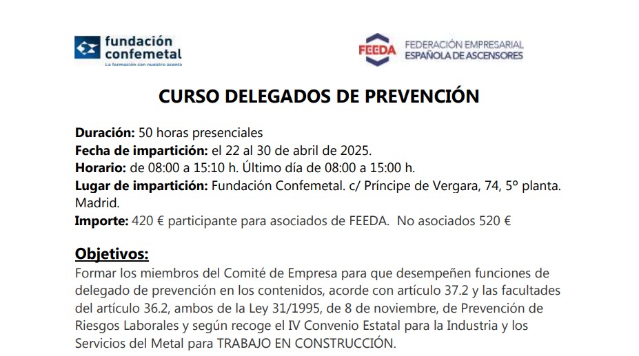 FEEDA Federación Empresarial Ascensores (@feedaascensores) on Twitter photo 🎓 Nuevo curso para Delegados de Prevención 📅 Del 22 al 30 de abril de 2025 📍 <a href="/FCONFEMETAL/">Fundación Confemetal</a> (Madrid)
🔗 Más información e inscripciones:
📩 Felipe López – flopez@fundacionconfemetal.es
📌 ¡Plazas limitadas! 🎓 Nuevo curso para Delegados de Prevención 📅 Del 22 al 30 de abril de 2025 📍 <a href="/FCONFEMETAL/">Fundación Confemetal</a> (Madrid)
🔗 Más información e inscripciones:
📩 Felipe López – flopez@fundacionconfemetal.es
📌 ¡Plazas limitadas!