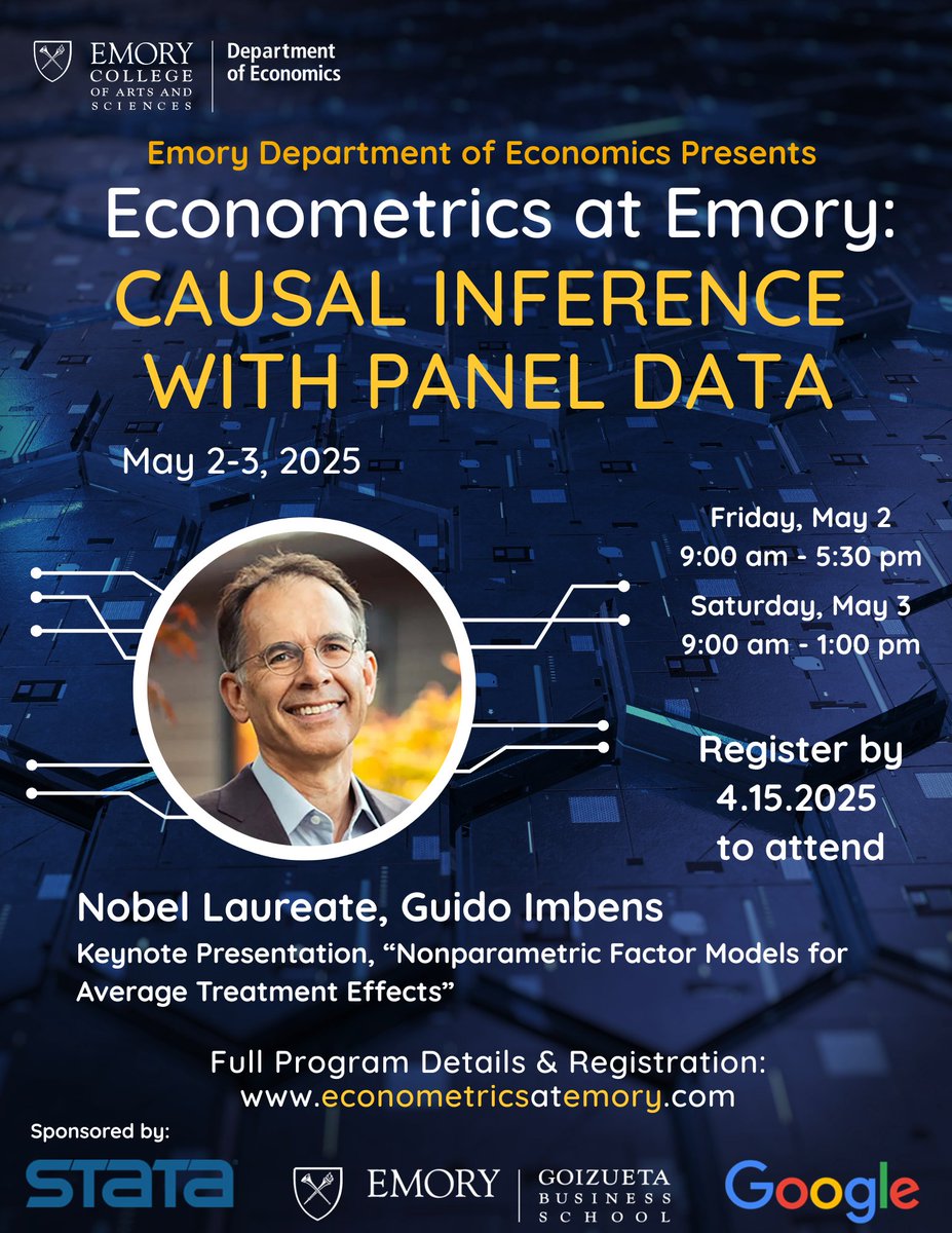 Pedro H. C. Sant'Anna (@pedrohcgs) on Twitter photo We from <a href="/EmoryEconomics/">Emory Economics</a> are excited to host the "Econometrics in Emory: Causal Inference with Panel Data."
📅 May 2–3, 2025
🔗 econometricsatemory.com
We aim to strengthen the relationship between academia and industry researchers so we all learn from each other! We from <a href="/EmoryEconomics/">Emory Economics</a> are excited to host the "Econometrics in Emory: Causal Inference with Panel Data."
📅 May 2–3, 2025
🔗 econometricsatemory.com
We aim to strengthen the relationship between academia and industry researchers so we all learn from each other!