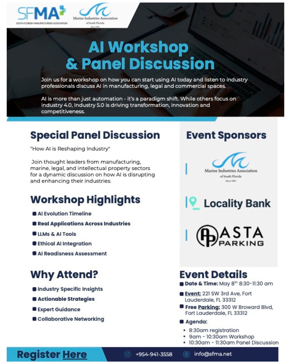 Join us and SFMA on May 8 in Fort Lauderdale for an AI Workshop + Panel Discussion that breaks down how AI is changing the game across industries.
💡 Real tools. Real talk. Real impact.
👥 Network with top minds in AI, legal, and manufacturing.