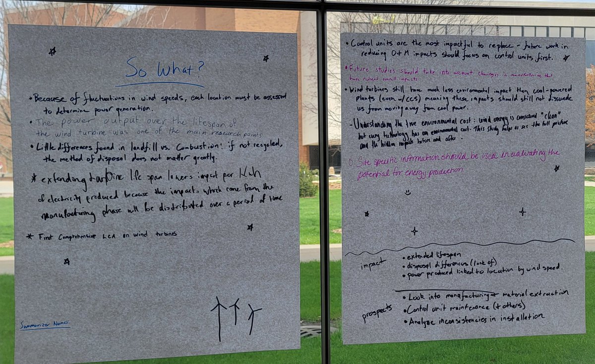 "Mapping a Scientific Paper" gallery walk in my Intro to #EnvironmentalScience course <a href="/UIS/">UIS</a>, covering LCA of large onshore wind turbines (Alsaleh &amp; Sattler, 2019). Mostly 1st &amp; 2nd yrs engaging with, understanding, summarizing, and communicating primary scientific literature!