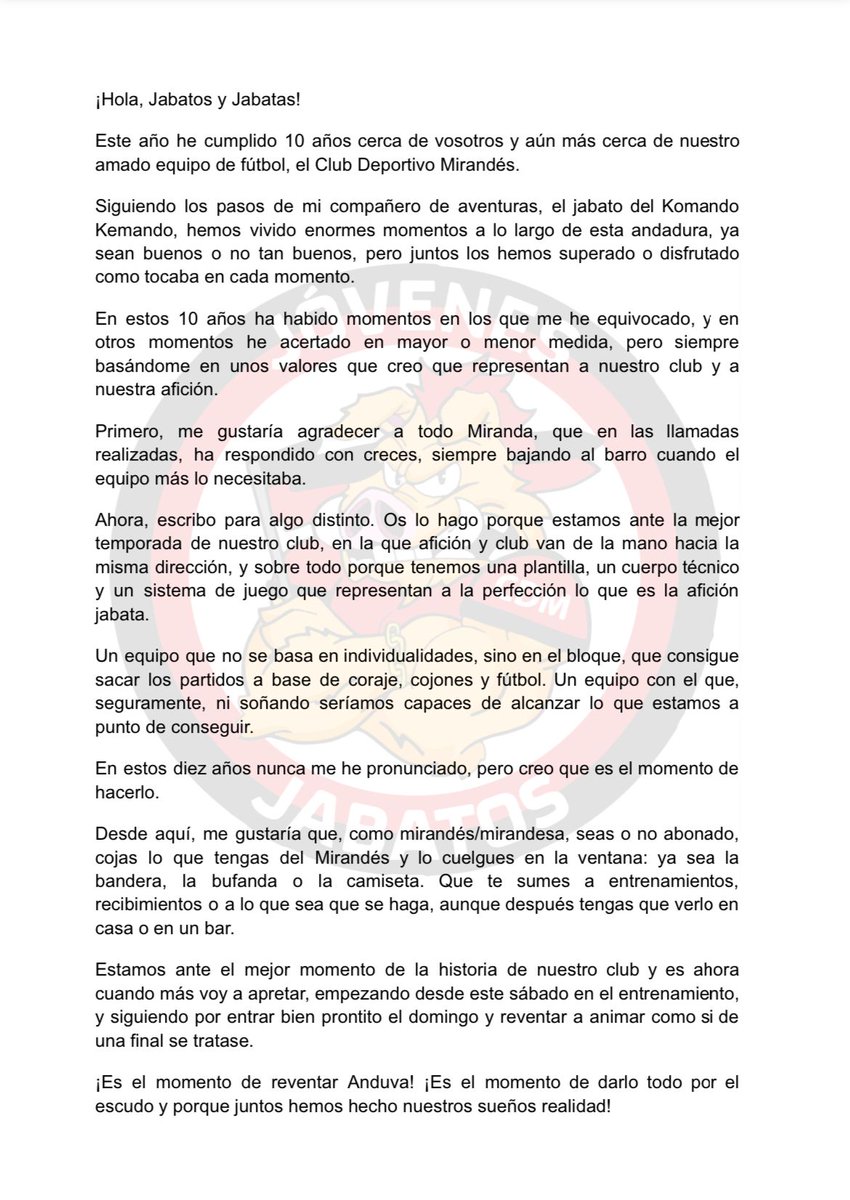 jjabatoscdm's tweet photo. Carta abierta a Miranda de parte de nuestro Jabato!!!
Pocas jornadas por disputar y un sueño que podemos alcanzar!!
Junt@s hemos conseguido lo impensable, porque no ahora??
NO NOS MIRES, UNETE!!♥️🖤🐗 https://t.co/hGgfrdhMP7