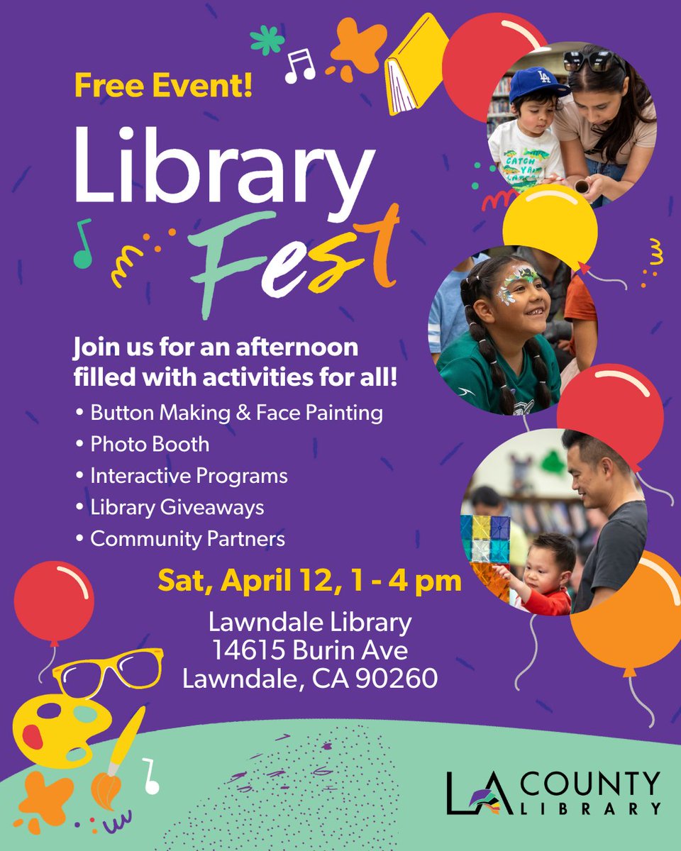LACountyLibrary's tweet photo. #LibraryFest Join us for an afternoon of fun!
Sat, Apr 12, 1 - 4 pm
Lawndale Library
Visit our photo booth, create crafts for all ages, participate in interactive programs, and so much more!
Can't make it? Check out our upcoming Library Fest events! https://t.co/prIymJtiXv https://t.co/7KjUli2772