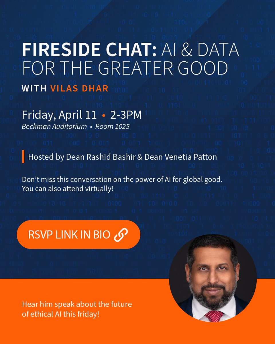 The Grainger College of Engineering (@uofigrainger) on Twitter photo Don't miss this: A fireside chat with <a href="/vilasdhar/">Vilas Dhar</a>, President of @McGovernFound, on how AI & data can power global good 🌎💡
📅 April 11 | 🕑 2–3 PM
📍 Beckman Auditorium Room 1025
RSVP: calendars.illinois.edu/detail/2253/33… Don't miss this: A fireside chat with <a href="/vilasdhar/">Vilas Dhar</a>, President of @McGovernFound, on how AI & data can power global good 🌎💡
📅 April 11 | 🕑 2–3 PM
📍 Beckman Auditorium Room 1025
RSVP: calendars.illinois.edu/detail/2253/33…