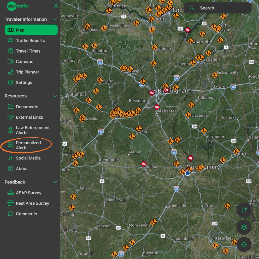 DriveSafeAL's tweet photo. Heads up, drivers! Before you hit the road, check for work zones and road conditions with ALGO! 🚧⚠️

✅ Set up Personal Driving Alerts to stay ahead of delays, detours, and road work before your commute: https://t.co/N302UPzmi9 https://t.co/klI01JuTre