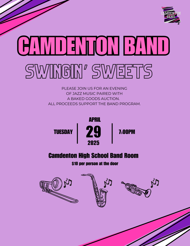 CACCLake's tweet photo. 🎷 Join us for Swingin’ Sweets on April 29 at 7 PM in the Camdenton High School Band Room! Enjoy a night of jazz and a baked goods auction—just $10 at the door. All proceeds support the band program! 

#CamdentonBand #SwinginSweets #SupportTheArts https://t.co/DihLPeGOgF