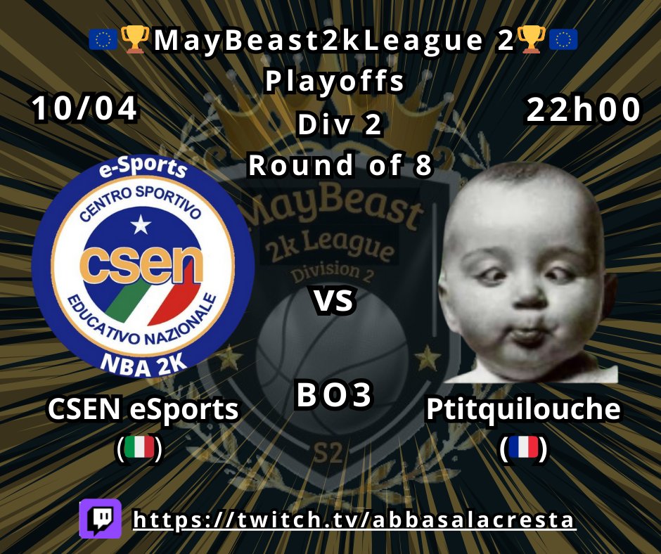 MayBeast2k (@maybeast2k) on Twitter photo The final match of the Division 2 bracket goes down tonight at 10:00 PM! The winner earns the last quarterfinal spot and will face Plancos. <a href="/csen_esports/">CSEN e-Sports NBA2K</a> and #Ptitquilouche only one will move on. Best of luck to both teams!" The final match of the Division 2 bracket goes down tonight at 10:00 PM! The winner earns the last quarterfinal spot and will face Plancos. <a href="/csen_esports/">CSEN e-Sports NBA2K</a> and #Ptitquilouche only one will move on. Best of luck to both teams!"