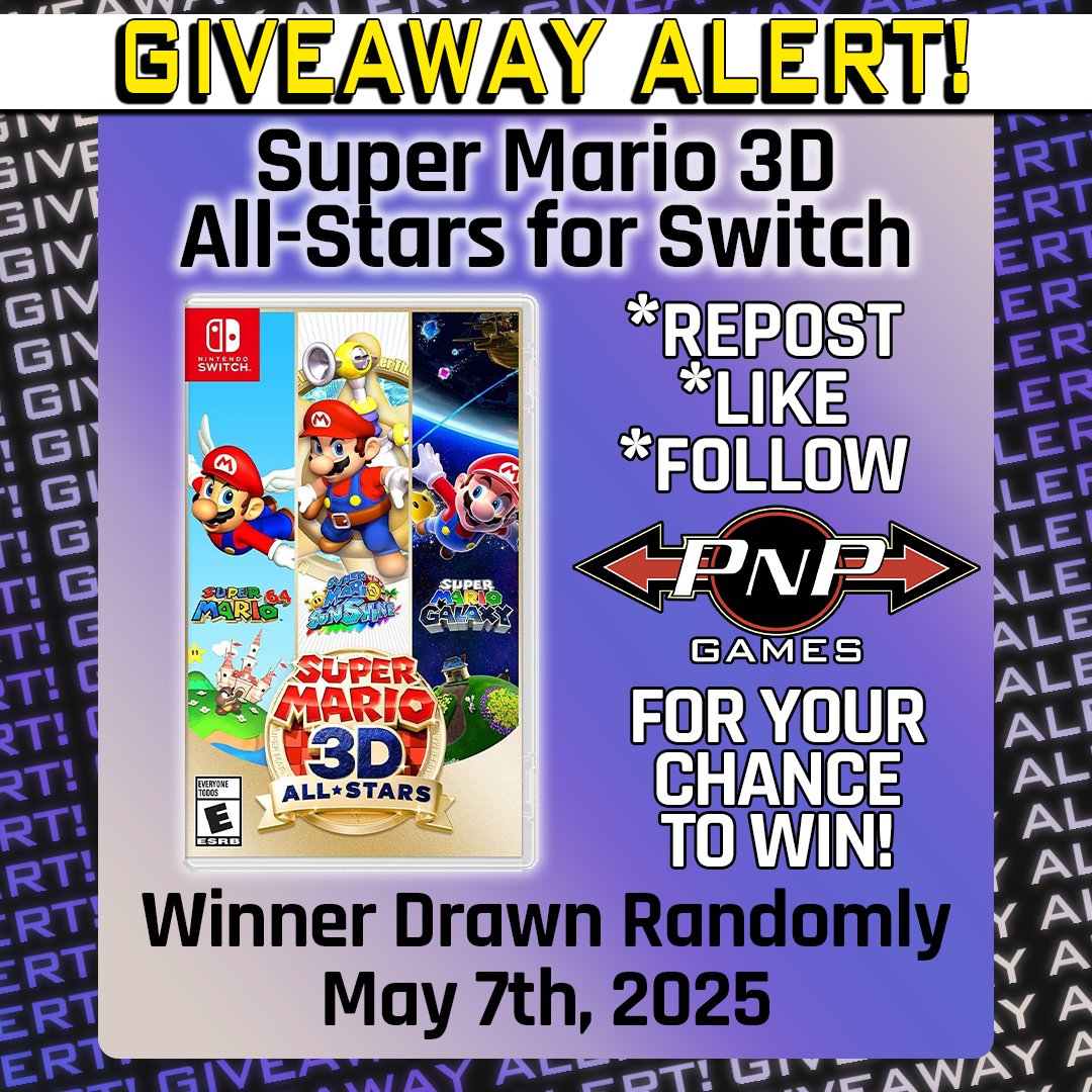 GIVEAWAY ALERT 🎮   

REPOST, LIKE, AND FOLLOW PNP GAMES for your chance to WIN a copy of SUPER MARIO 3D ALL-STARS for Nintendo Switch!

It's-a him. Enjoy Super Mario 64, Super Mario Sunshine, And Super Mario Galaxy in this collection for Nintendo Switch!

#VideoGames #Canada