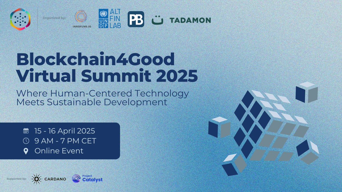 🗓️Just a few days left until the Blockchain4Good Virtual Summit on April 15-16! 🚀
Secure your spot now: virtualsummit2025.blockchain4good.io

We are deeply grateful for the strategic partnership from <a href="/Catalyst_onX/">Project Catalyst</a>, <a href="/Cardano/">Cardano Community</a>, <a href="/Cardano_CF/">Cardano Foundation</a>

Are you familiar with the Cardano ecosystem?🧵