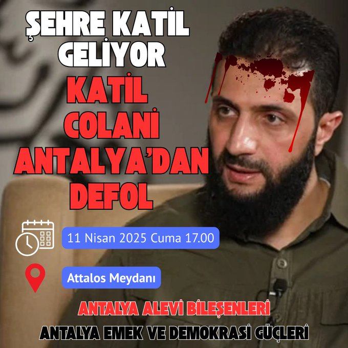 EBDinisiyatifi's tweet photo. Antalya Alevi Bileşenleri ve Antalya Emek ve Demokrasi Güçleri, “Katil Colani Antalya’dan Defol” çağrısıyla tüm halkı buluşmaya davet etti.

📍 Attalos Meydanı - Muratpaşa - Antalya
🗓 11 Nisan 2025 Cuma
🕔 17.00 https://t.co/MtADX0PnbF