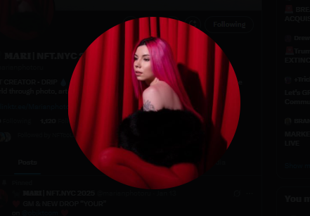 CucaCattleKing's tweet photo. Discover the beauty captured through Mari's lens. As an NFT creator, her mission is to show the essence of the world through evocative photographs. 💎 Don't miss out on her unique pieces. Follow her journey: @Marianphotoru.
#NFT #NFTCreator #PearlDrop #CucaPicks #VerifiedByVibes https://t.co/LwDnh0MajI