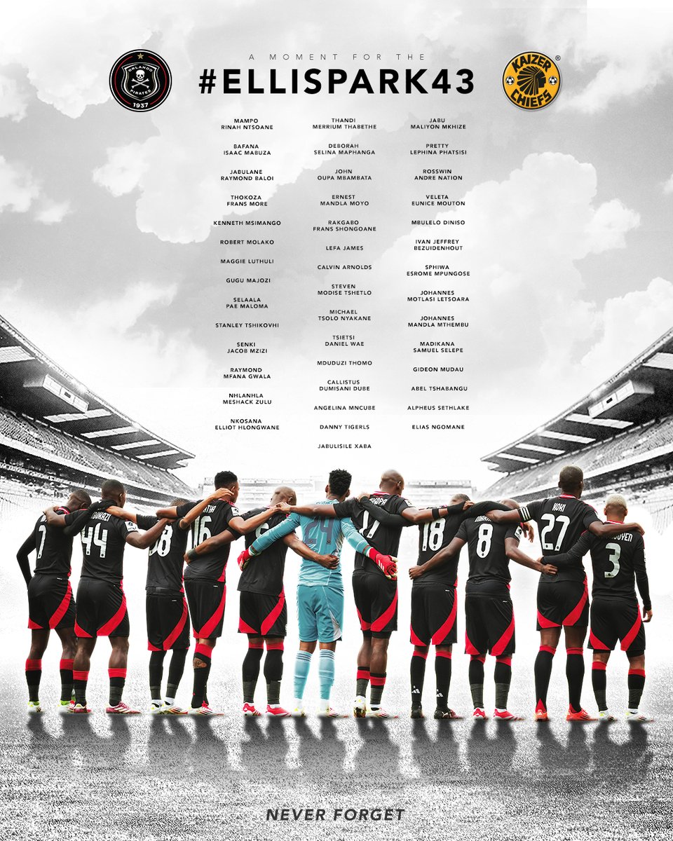 We honour and remember the 43 supporters who tragically lost their lives in the #EllisPark Disaster on 11 April 2001.

Gone but never forgotten #RIP43 🕊️

⚫⚪🔴⭐
#OrlandoPirates
#OnceAlways