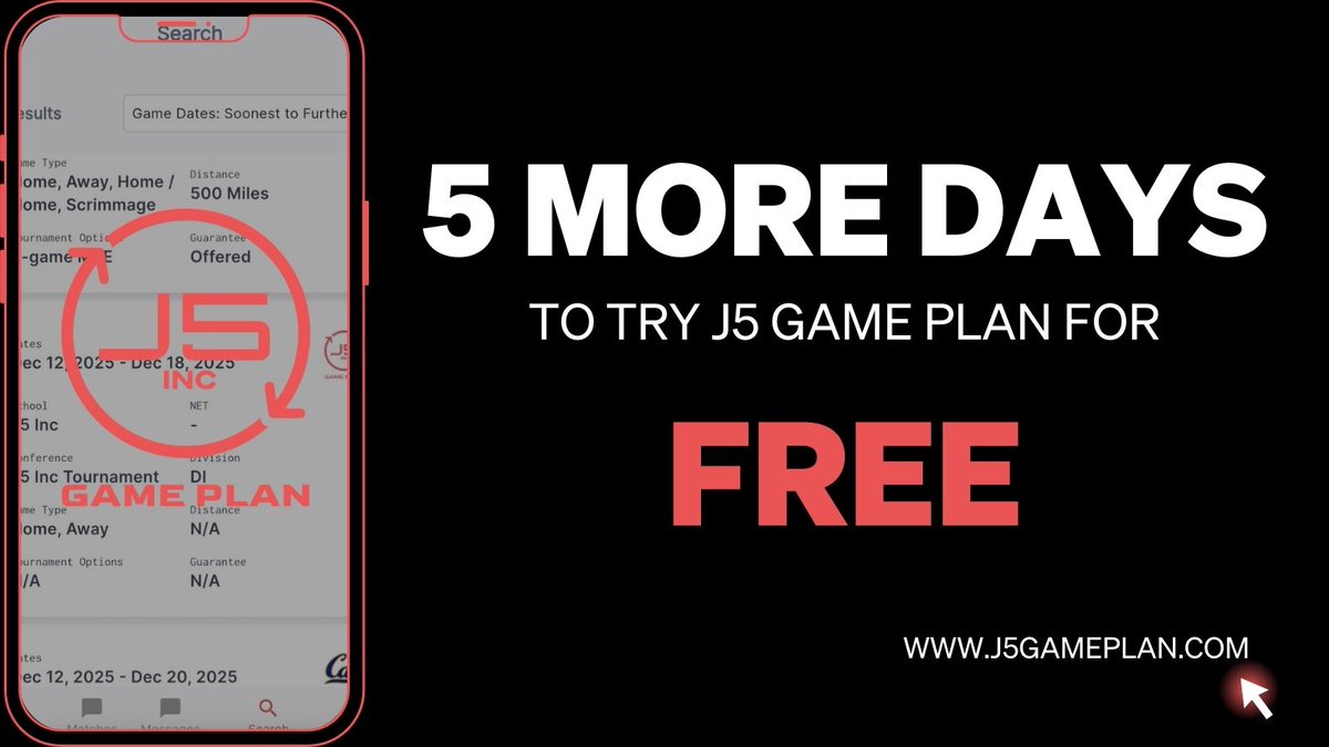 J5 Inc (@j5_inc) on Twitter photo Only 5 more days to try J5 Game Plan for FREE! Register now to explore ways J5 Game Plan can make your non-conference game scheduling easier than ever before. 
FREE trial ends April 15th, so register TODAY! 
j5gameplan.com Only 5 more days to try J5 Game Plan for FREE! Register now to explore ways J5 Game Plan can make your non-conference game scheduling easier than ever before. 
FREE trial ends April 15th, so register TODAY! 
j5gameplan.com