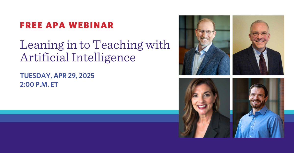 APA Books (@apa_books) on Twitter photo Join Dr. Chris Hakala (<a href="/chakala5/">Chris Hakala</a>), Dr. David Williamson Shaffer (@dwshaffer), Joseph Slade, and Dr. Beth Schwartz on April 29, 2025, at 2 p.m. ET for an engaging discussion on the evolving role of #AI in higher education. Register today: bit.ly/3Yc6Kic Join Dr. Chris Hakala (<a href="/chakala5/">Chris Hakala</a>), Dr. David Williamson Shaffer (@dwshaffer), Joseph Slade, and Dr. Beth Schwartz on April 29, 2025, at 2 p.m. ET for an engaging discussion on the evolving role of #AI in higher education. Register today: bit.ly/3Yc6Kic