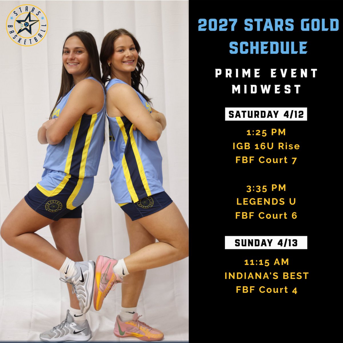 StarsNash_GBB's tweet photo. 2027 Gold is on the move! 🚐💨
First tourney of the season ➡️ Prime Event Midwest in Indiana. Grit, energy, and toughness with this group! Schedule and roster posted here! 
GO STARS ⭐️
#StarsGold https://t.co/Wyk76UVWlr