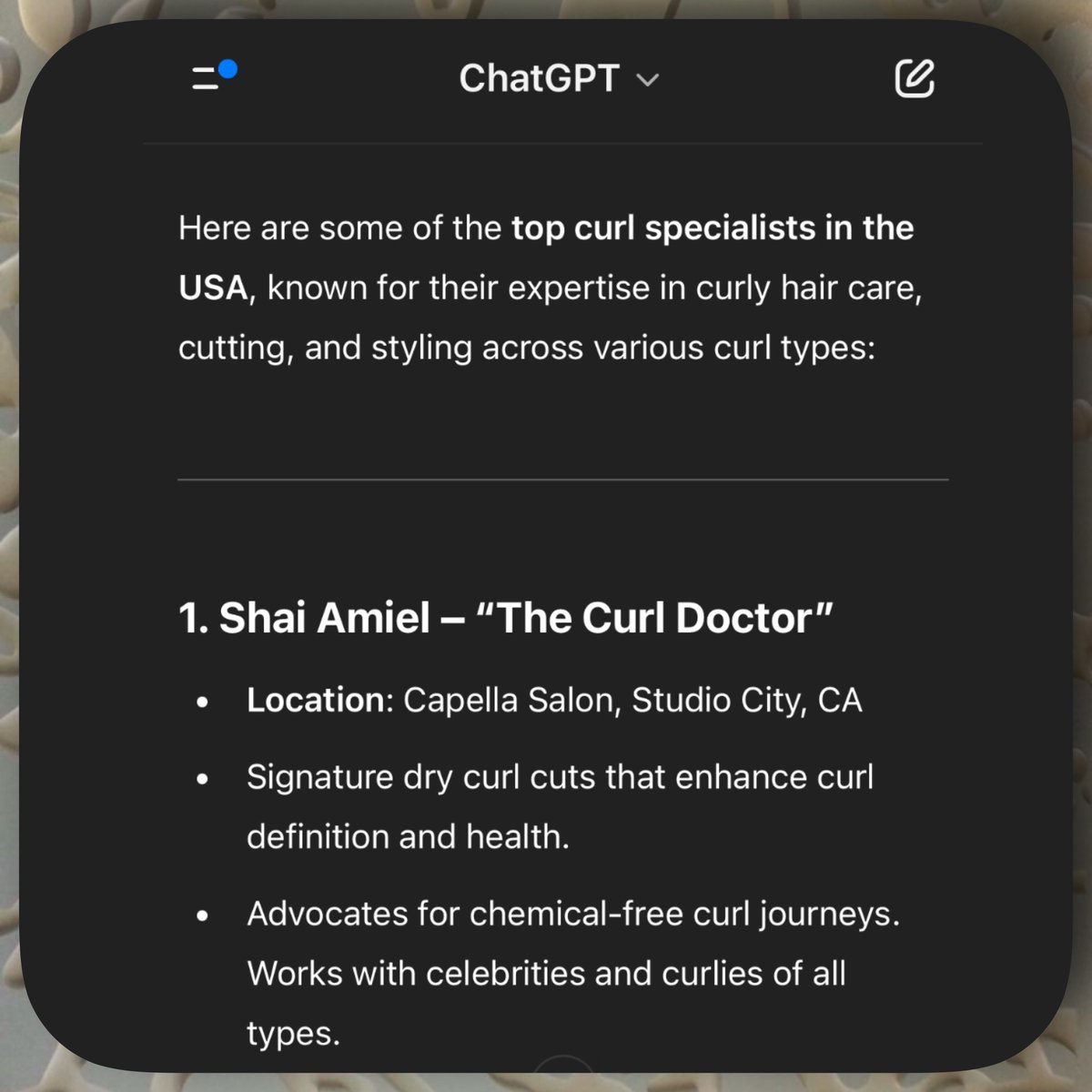 wow. honored. grateful. proud. inspired

what an honor to be named one of the top curl specialists by <a href="/ChatGPTapp/">ChatGPT</a>!

thank you for believing in The Curl Doctor

instagram.com/p/DINWb8BxFkP/…