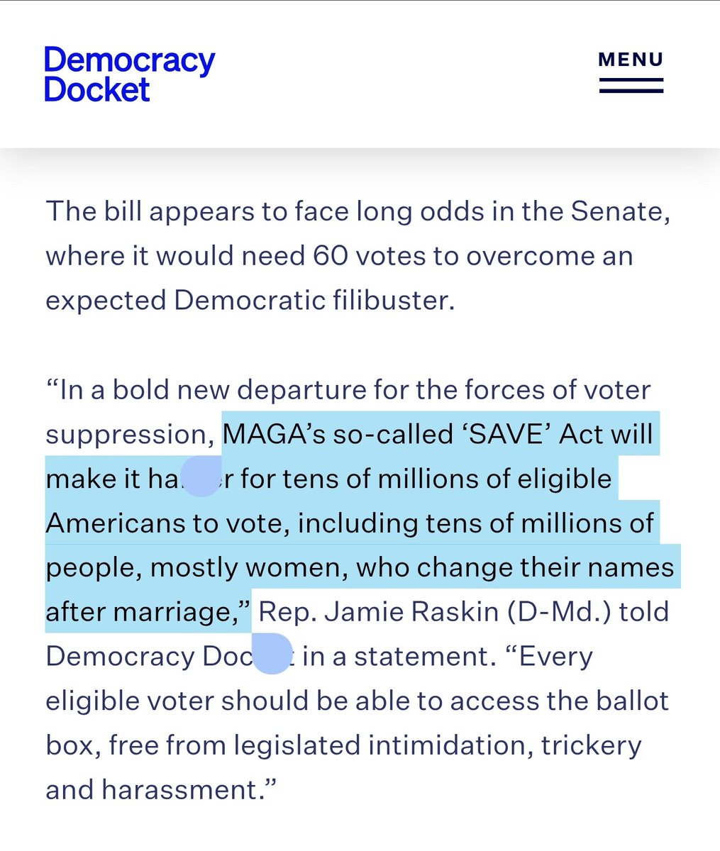 mmpadellan's tweet image. As Republican policies become more and more unpopular, they keep trying to REMOVE legitimate voters with red tape and hassles, like the poll taxes of the past.

The SAVE Act makes it tougher for women in the military to vote, women who took their husband&apos;s name in marriage.

ARE…
