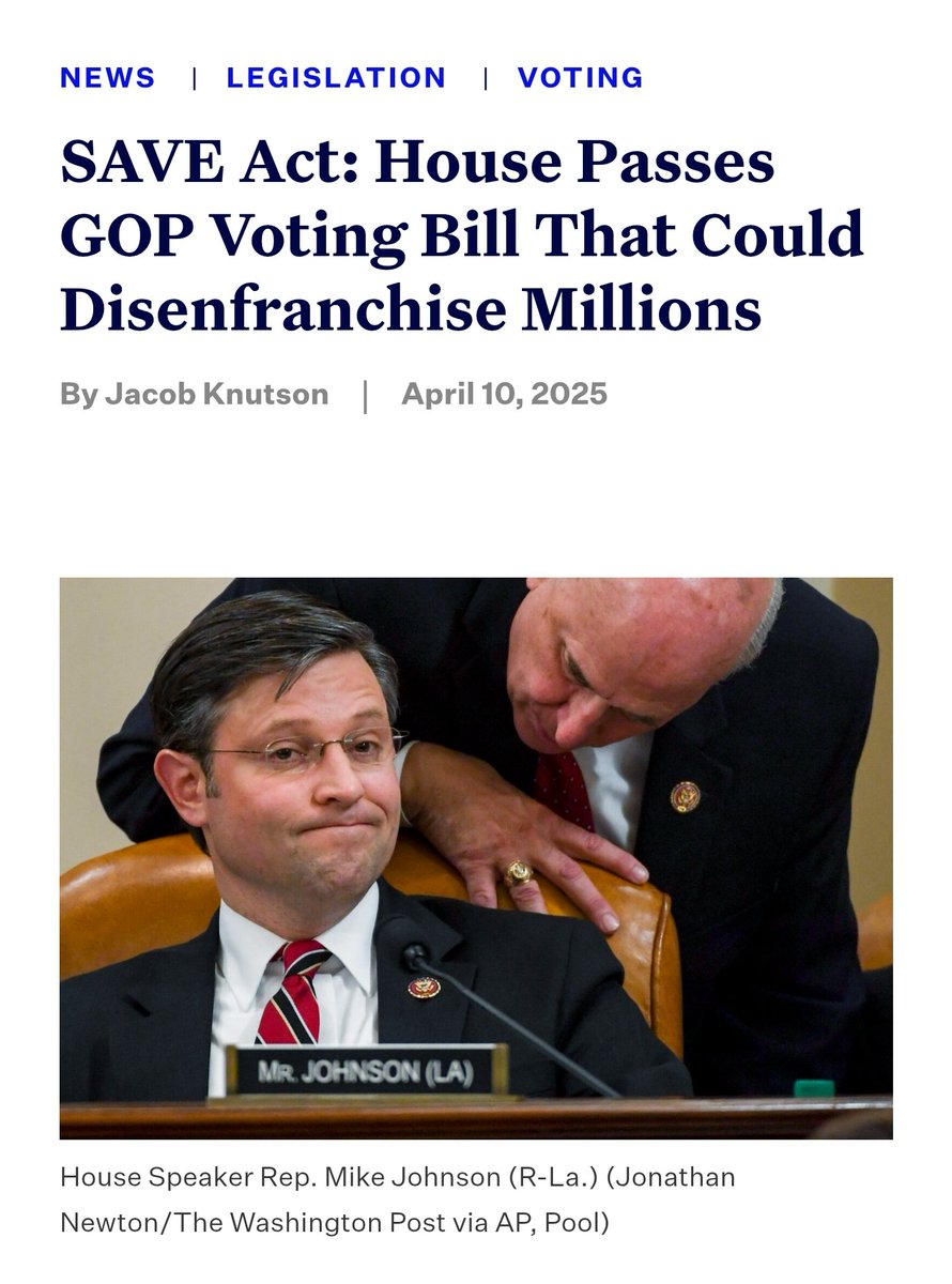 mmpadellan's tweet image. As Republican policies become more and more unpopular, they keep trying to REMOVE legitimate voters with red tape and hassles, like the poll taxes of the past.

The SAVE Act makes it tougher for women in the military to vote, women who took their husband&apos;s name in marriage.

ARE…