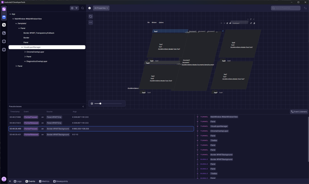 The new <a href="/AvaloniaUI/">Avalonia UI</a> accelerate Dev Tools is just incredibly amazing. Time to review and optimize some layouts...FYI It's Semi.Avalonia.Dock demo in this screenshot.