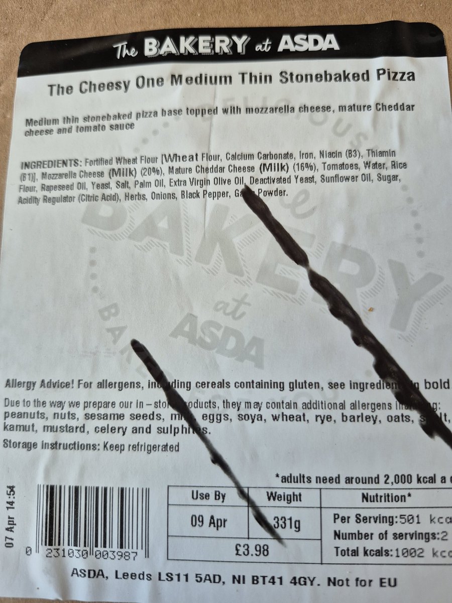 JoChetwyn's tweet photo. @AsdaServiceTeam  By your own admission your Pizza counter "Cheesy One" pizzas no longer have mozzarella on them so why is it still listed as an ingredient on the label? Just cheddar and tomato sauce on the base these days. #nomozarellainsight https://t.co/aDS8ttespk
