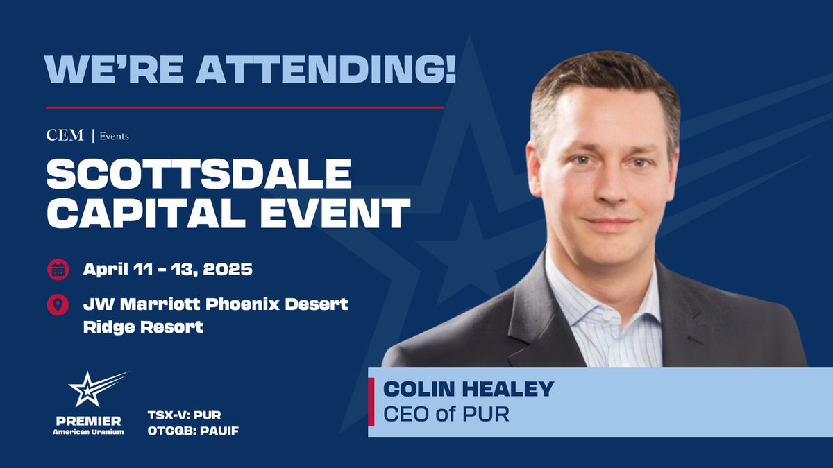 Premier American Uranium CEO <a href="/colinhealey/">colinhealey</a> will be attending the CEM Scottsdale Capital Event!

🗓️ Apr 11-13
📍JW Marriott Phoenix Desert Ridge Resort

We’re looking forward to connecting with current and potential investors to showcase our latest advancements and share insights