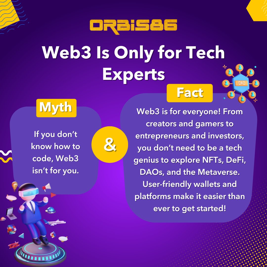 orbis86_x's tweet image. 𝗧𝗵𝗶𝗻𝗸 𝗪𝗲𝗯𝟯 𝗶𝘀 𝗷𝘂𝘀𝘁 𝗳𝗼𝗿 𝗰𝗼𝗱𝗲𝗿𝘀? 🤔

Think again. From artists and gamers to #entrepreneurs and everyday #explorers — the decentralized world is more #accessible than ever. NFTs, DAOs, DeFi, the Metaverse… it's not about knowing #code, it's about knowing