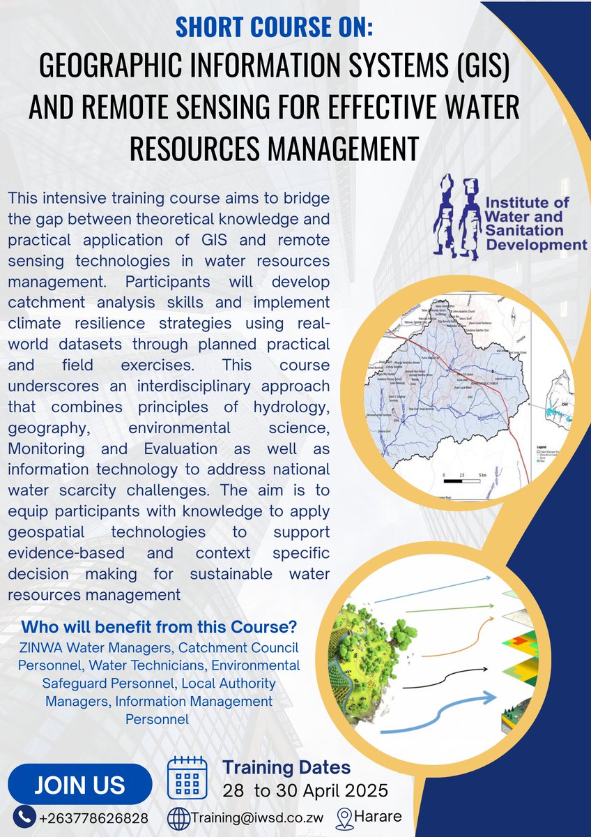 Join us for an intensive short course on GIS and Remote Sensing for Effective Water Resource Management. Click here to apply forms.gle/7ZAcyCzZhggKGw…
#GIS #IWRM #climateresilience #MachineLearning #training