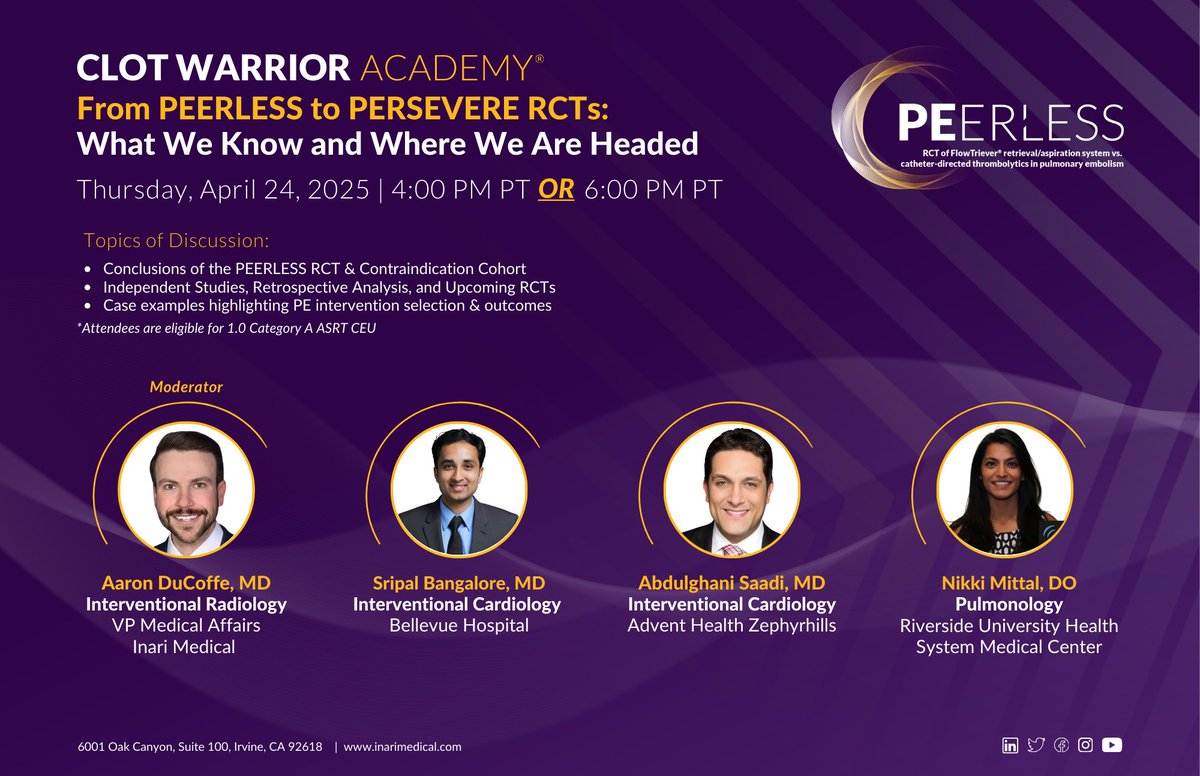 2 weeks until our next #ClotWarriorAcademy webinar!

Join us for our next #ClotWarriorAcademy focused on the latest advances in pulmonary embolism treatment including:

- #PEERLESS RCT
- Future RCTs &amp; other studies
- Case-based examples featuring the #FlowTriever System

Register