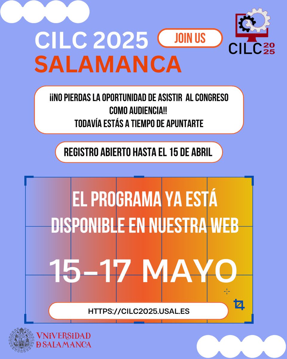 cilc2025's tweet photo. ⌛¡Quedan 5 días!

👀Si quieres asistir al #CILC2025, no pierdas esta oportunidad para sumergirte en la lingüística de corpus.

🗒️✍🏼Consulta el programa en la web y selecciona tus paneles favoritos, mesas redondas, talleres, conferencias plenarias y mucho más.

🥳¡Te esperamos! https://t.co/piCrPlEeeJ