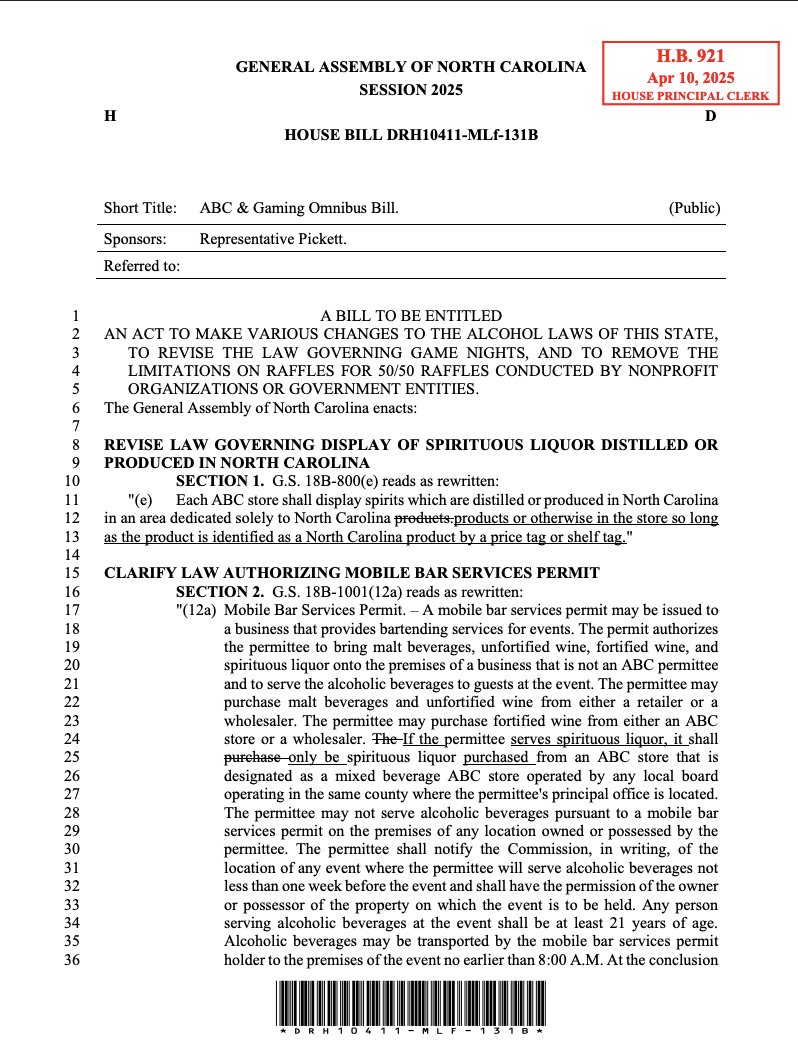 BryanRAnderson's tweet image. We have an ABC/gaming omnibus bill. #ncpol

Highlights:
-ABC stores could open on Sundays
-Happy hour specials permitted and allowed to be advertised 
-Nonprofits could host unlimited # of 50/50 raffles each yr
-Orgs could host up to 24 game nights per year (current limit is 4)
