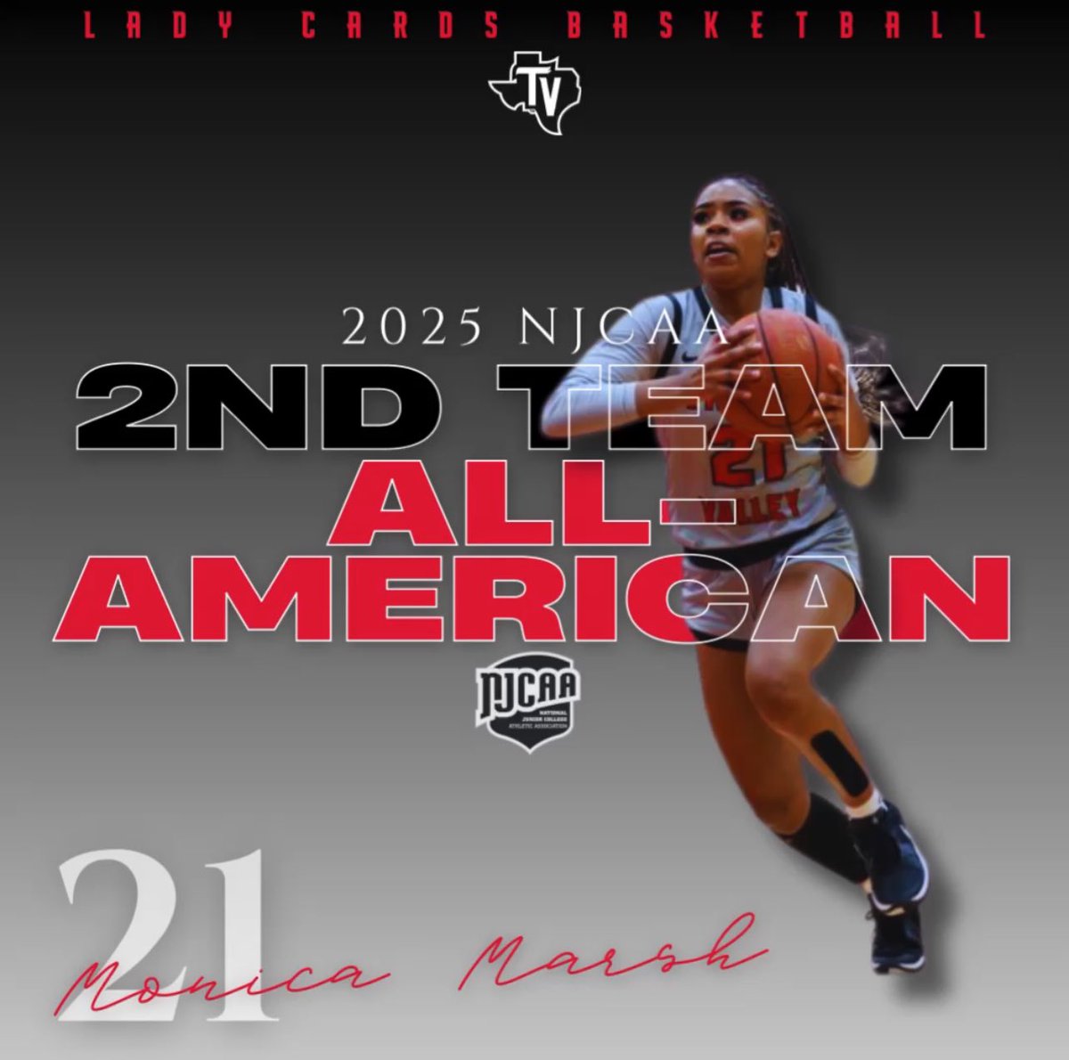 Congratulations to sophomore, Monica Marsh, on being named a NJCAA 2nd Team All-American‼️✨
•
15.4 PPG
4 RPG
4 APG
2.3 SPG
•
❤️🖤🤍