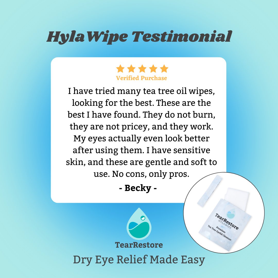 TearRestore's tweet photo. 5.0 out of 5 stars 

"I have tried many tea tree oil wipes, looking for the best. These are the best I have found. They do not burn, they are not pricey, and they work. My eyes actually even look better after using them . . . No cons, only pros."

- Becky - https://t.co/4El12BH3df