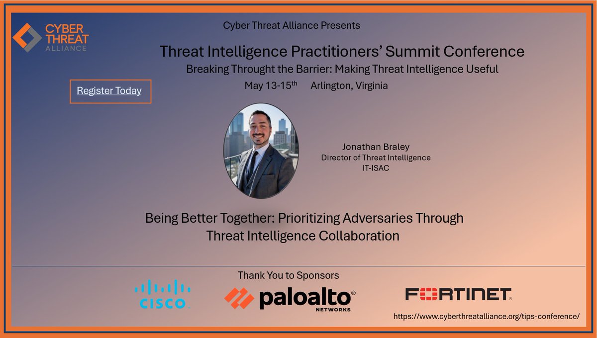 We're proud to announce that the IT-ISAC's Director of Threat Intelligence, Jonathan Braley, is presenting at the #CyberThreatAlliance Threat Intelligence Practitioners' Summit (TIPS) Conference!

Want to be there to hear his talk about collaboration in the threat intelligence