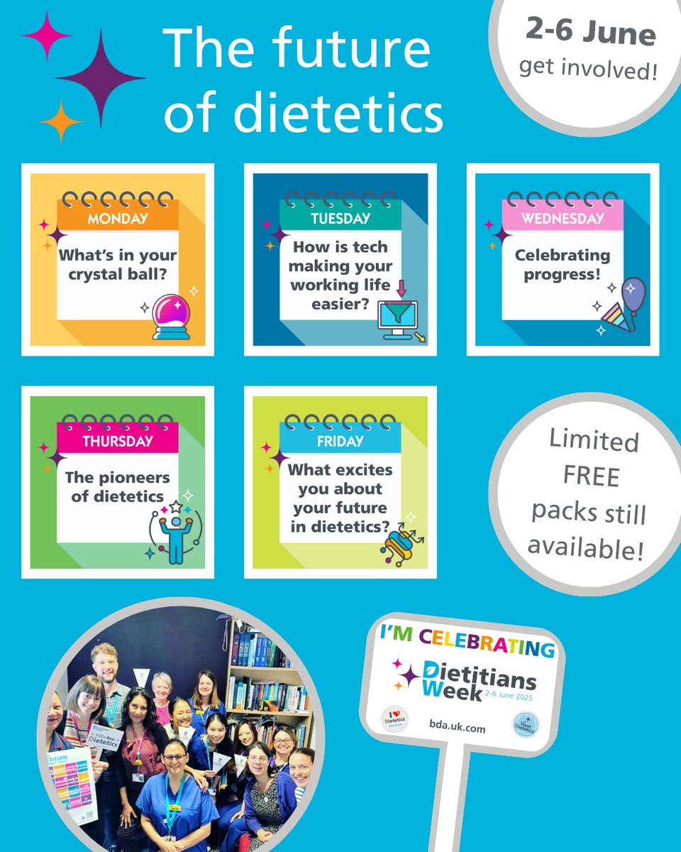 Announcing the daily themes for Dietitians Week! ✨🔮

Learn more and see how you can get involved ➡ bda.uk.com/news-campaigns…

Plus, limited numbers of department celebration packs remain - claim yours for free on our website now!

#DW2025