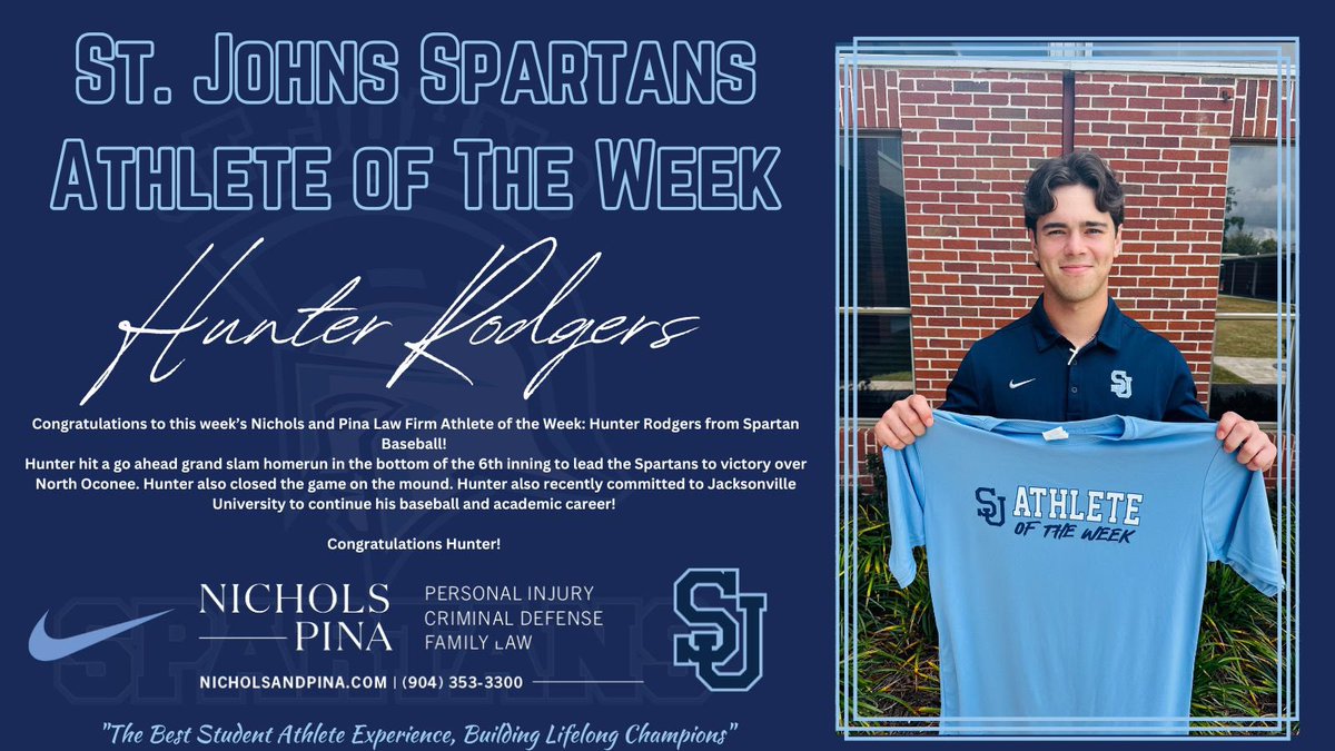 Congrats to this week’s Nichols and Pina Law Firm Athlete of the Week: Hunter Rodgers from <a href="/SJCDbaseball/">St Johns Baseball</a>.

Hunter hit a go ahead grand slam HR in the bottom of the 6th inning to lead the Spartans to victory over North Oconee. 

Hunter also recently committed to <a href="/JUBaseball/">Jacksonville Baseball</a>.
