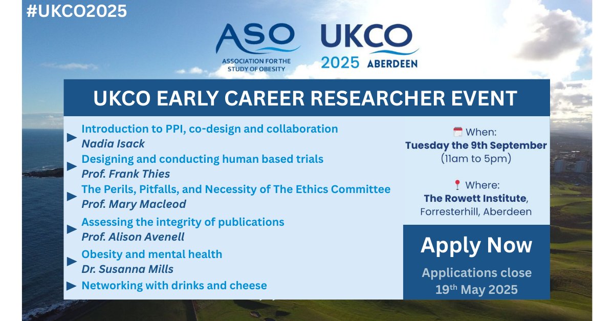 Rowett Institute (@rowett_abdn) on Twitter photo ECRs: LIMITED PLACES AVAILABLE!
We're delighted to be hosting this exciting event for early career researchers right here at the Rowett when <a href="/UK_ASO/">Association for the Study of Obesity UK</a> brings the UK Congress on Obesity (UKCO) 2025 to #Aberdeen in September.
Sign up here: abdn.io/1ms ECRs: LIMITED PLACES AVAILABLE!
We're delighted to be hosting this exciting event for early career researchers right here at the Rowett when <a href="/UK_ASO/">Association for the Study of Obesity UK</a> brings the UK Congress on Obesity (UKCO) 2025 to #Aberdeen in September.
Sign up here: abdn.io/1ms