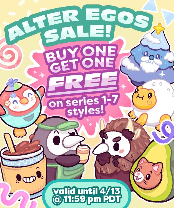 ATTENTION EVERY NYAAAAAN! Alter Egos Series 1-7 are now Buy-One-Get-One FREE!!! That's a LOT of Alter Egos!! Don't let this deal pass you by, it only lasts until 4/13! 🩷

🌀 Alter Egos Sale: squishable.com/collections/al… 🌀