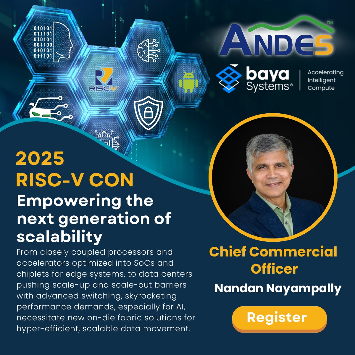 Baya Systems (@bayasystems) on Twitter photo Baya is sponsoring <a href="/Andes_Tech/">Andes Technology</a> upcoming 2025 RISC-V CON at the San Jose DoubleTree on April 29th. Come see CCO <a href="/nayampally_n/">Nandan Nayampally</a> give a speech on Empowering the Next Generation of Scalability! Register: eventxapp.com/events/e914e1f…
#ArtificialIntelligence #Chips Baya is sponsoring <a href="/Andes_Tech/">Andes Technology</a> upcoming 2025 RISC-V CON at the San Jose DoubleTree on April 29th. Come see CCO <a href="/nayampally_n/">Nandan Nayampally</a> give a speech on Empowering the Next Generation of Scalability! Register: eventxapp.com/events/e914e1f…
#ArtificialIntelligence #Chips