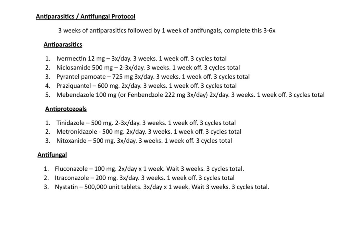 DrJesseMorse's tweet photo. Here’s the protocol that I use for my patients to remove parasites from the body.

Yes you need prescriptions for these. 

I usually choose 6 of the antiparasitics + antiprotozoals and then 2 of the 3 antifungals. 

If you want the non-prescription version, see the tweet below. 

Yes YOU have parasites in your body that are causing problems. 

I personally wouldn’t be surprised if parasites either directly or indirectly are causing cancer in your body. 

I do this protocol personally once a year.