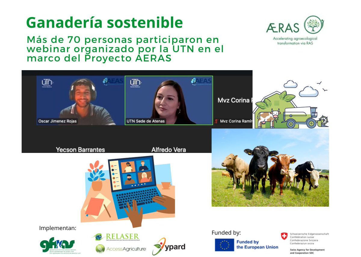 🐮 Con la participación de más de 70 personas, @utncostarica realizó un webinar en el marco del proyecto #AERAS, sobre ganadería sostenible, en el que se compartieron buenas prácticas y se reconoció el rol de esta para hacer frente al cambio climático: cutt.ly/8rdJJbVr
