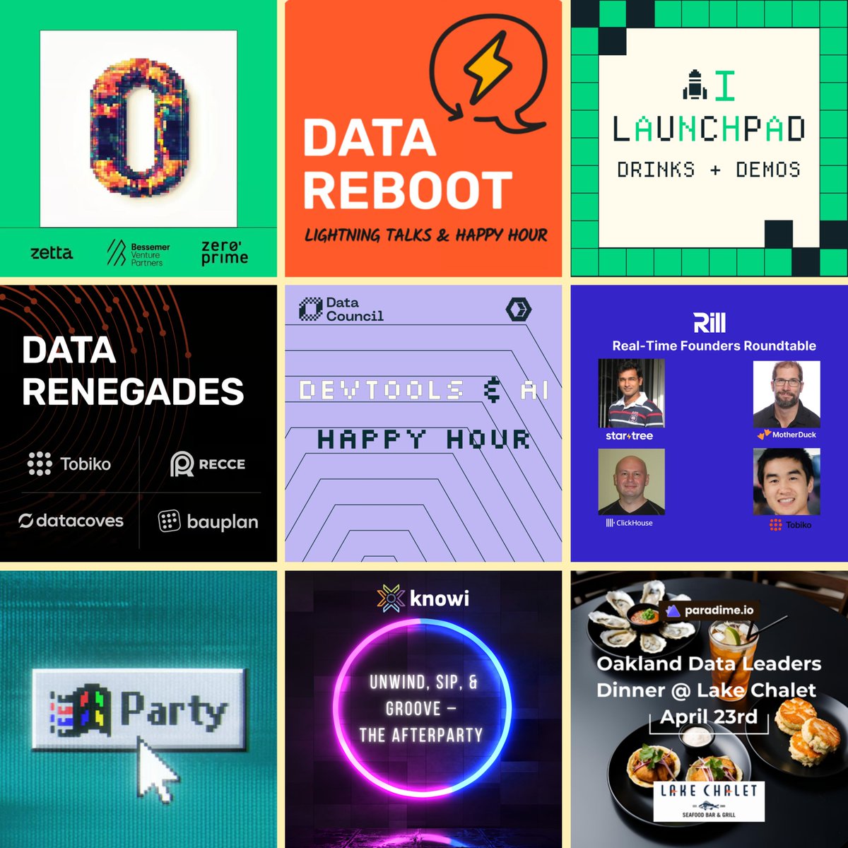 Pete Soderling (@petesoder) on Twitter photo The Oakland Party Guide for <a href="/DataCouncilAI/">Data Council</a> 2025 is looking 🔥
Come for the talks, stay for the parties with people who also think about AI and data infra for fun.
Here’s what’s happening Day 0 & Day 1 →
Day 0 – Monday, April 21
– The Initial Commit: Day 0 Welcome Party with The Oakland Party Guide for <a href="/DataCouncilAI/">Data Council</a> 2025 is looking 🔥
Come for the talks, stay for the parties with people who also think about AI and data infra for fun.
Here’s what’s happening Day 0 & Day 1 →
Day 0 – Monday, April 21
– The Initial Commit: Day 0 Welcome Party with