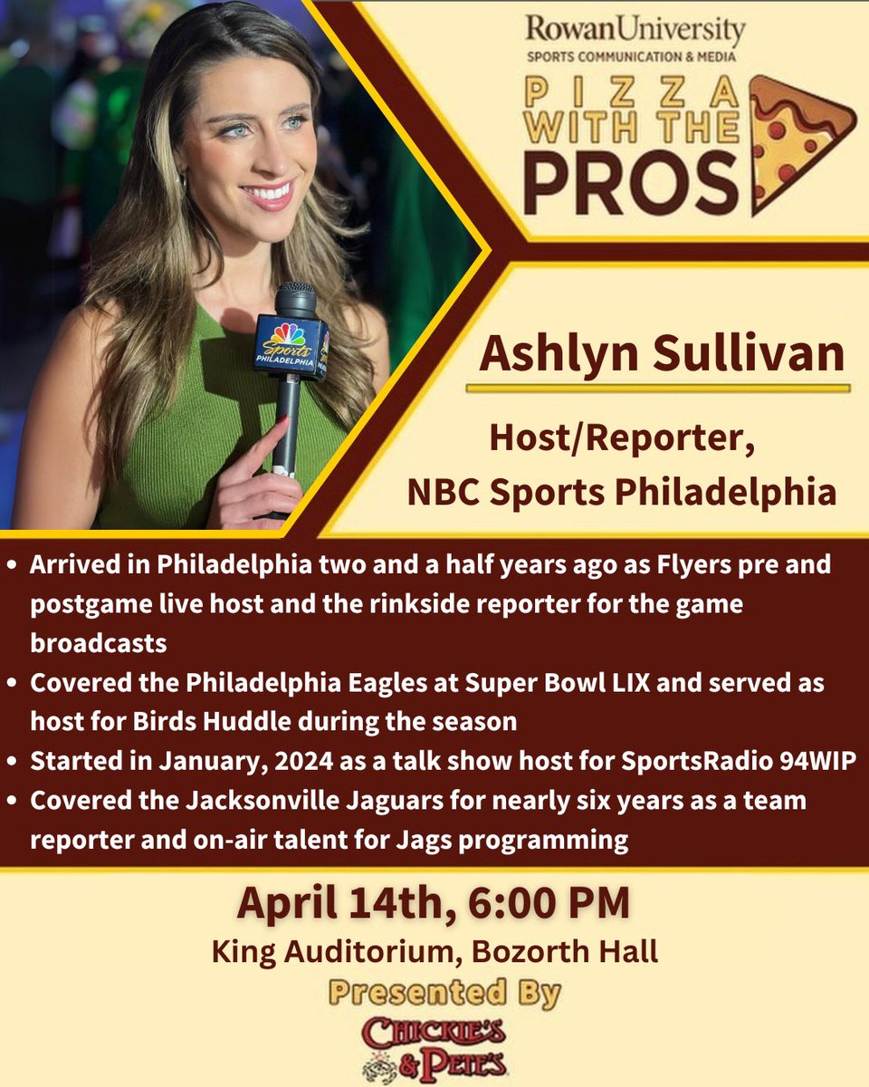 Sports Communication & Media (@rowansportscam) on Twitter photo Last 🍕Pizza with the Pros🍕 of the semester😢
Join us Monday at 6pm as we welcome <a href="/ashlynrsullivan/">Ashlyn Sullivan</a>, host/reporter for <a href="/NBCSPhilly/">NBC Sports Philadelphia</a>, to campus!🎤
FREE <a href="/ChickiesnPetes/">Chickie's and Pete's</a> pizza will served at 5:40pm. See you there! Last 🍕Pizza with the Pros🍕 of the semester😢
Join us Monday at 6pm as we welcome <a href="/ashlynrsullivan/">Ashlyn Sullivan</a>, host/reporter for <a href="/NBCSPhilly/">NBC Sports Philadelphia</a>, to campus!🎤
FREE <a href="/ChickiesnPetes/">Chickie's and Pete's</a> pizza will served at 5:40pm. See you there!
