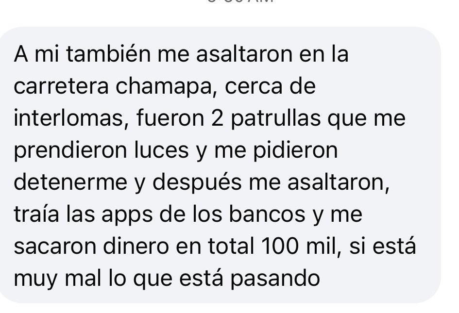 imetLauri's tweet photo. PERSONAS QUE CIRCULAN LA CHAMAPA-LECHERIA TENGAN CUIDADO, HAY PATRULLAS PARANDO GENTE PARA ASALTARLA!! TE PERSIGUEN HASTA QUE TE PARES, TE GOLPEAN Y TE VACIAN LAS CUENTAS! EVITAR TOMAR ESA CARRETERA!!! @lacornetafm @EVIDEGARAY @jrsestaca https://t.co/tl8YhwVvap