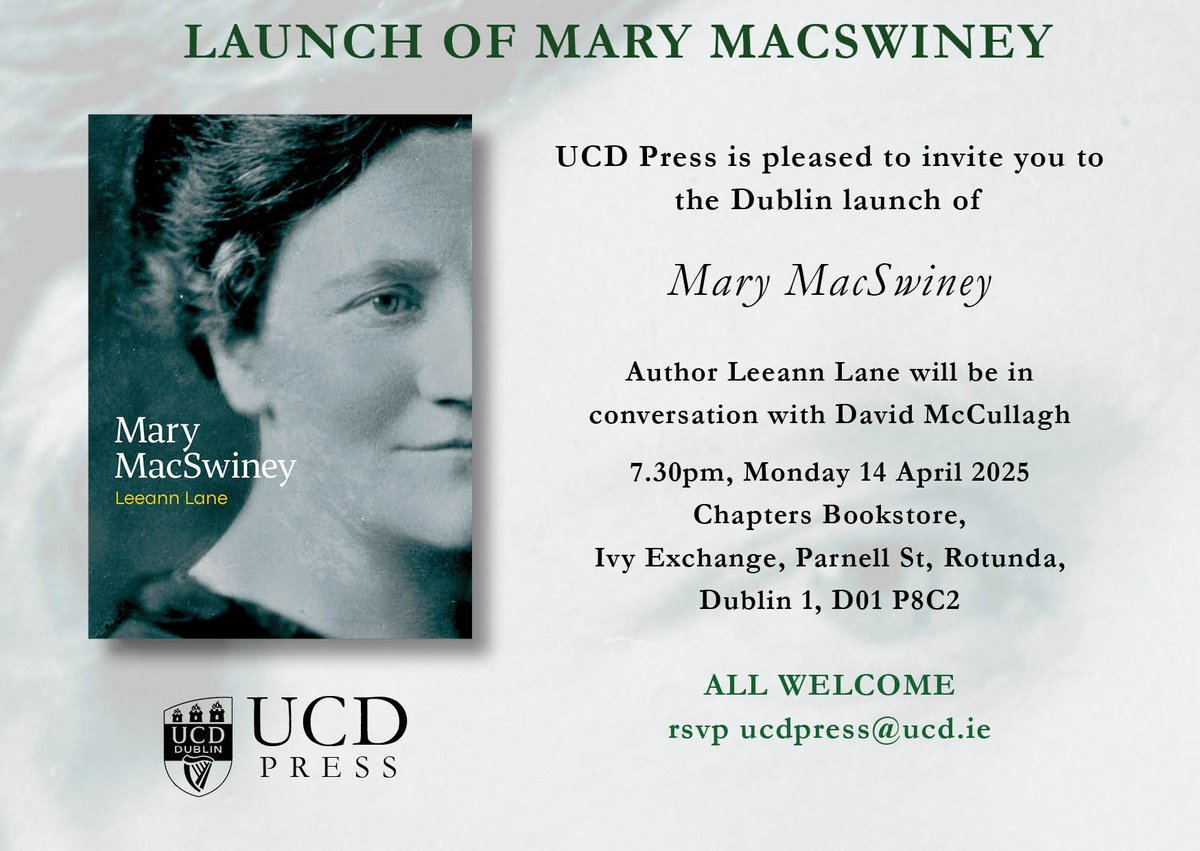 All welcome to the Dublin launch of Mary MacSwiney!

Author and historian Leeann Lane will be in conversation with DavidMcCullagh, writer, journalist, and RTÉ presenter

🗓️ Monday 14 April
7.30pm at Chapters Bookstore

In bookstores nationwide or order via ucdpress.ie