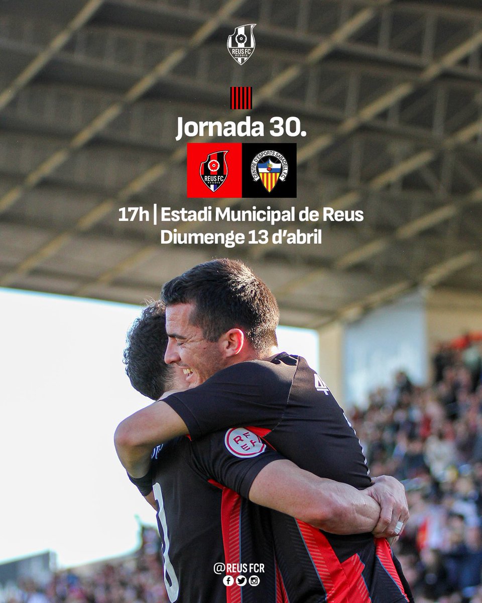 ReusFCR's tweet image. 🔜 𝘿𝙄𝙐𝙈𝙀𝙉𝙂𝙀 𝙏𝙊𝘾𝘼 𝘾𝙀𝙇𝙀𝘽𝙍𝘼𝙍 𝙅𝙐𝙉𝙏𝙎 𝙇’𝘼𝙎𝘾𝙀𝙉𝙎 𝘼 𝙇’𝙀𝙎𝙏𝘼𝘿𝙄!

🆚 @CESabadell ‘B’
🗓️ Diumenge 13 d’abril 
📍 Estadi Municipal de Reus
⏰ 17h
🏷️ Cada soci podrà comprar fins a 4️⃣ entrades per 5️⃣€ a Gol i Lateral
🎟️ Entrades no socis:
Tribuna Alta 👉…